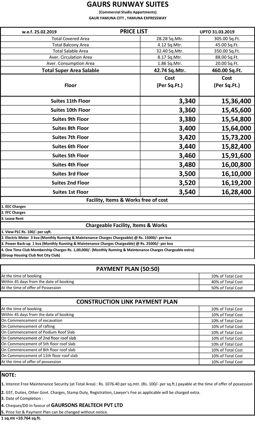 Gaur Studio Apartment Price List