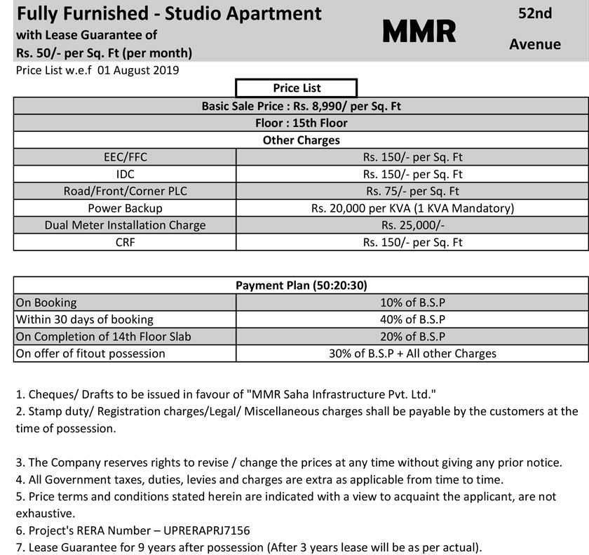 MMR Studio Apartment Price List